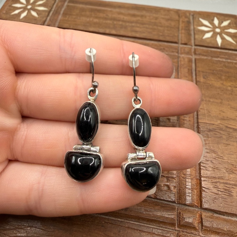 925 Sterling Silver Onyx Dangle Earrings Black Tier Hinged Drop Christmas Gift